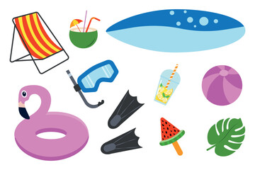 Design elements and icons in flat style for summer holidays. Beach holiday concept. Vector set of summer objects isolated on white background.