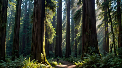 A person stands at the end of a dirt path in a dense forest of giant redwood trees. The trees are so tall that the person appears small. The forest floor is covered with ferns and sunlight filters.