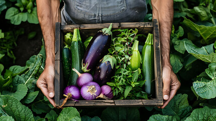 Farmer holding wooden box full of fresh raw vegetables. Basket with vegetable (cabbage, carrots, cucumbers, radish, eggplant, garlic onion peppers) in the hands. - obrazy, fototapety, plakaty