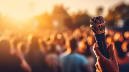 A close-up of a person holding a microphone in front of a large crowd at an outdoor concert. - obrazy, fototapety, plakaty
