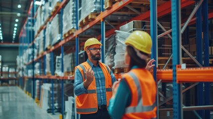 A team of warehouse workers in safety vests engage in a group discussion in a large modern logistics center. AIG41
