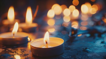 Burning tea lights, candle vigil concept