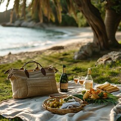 Beach Picnic: Arrange a beach picnic setup with a stylish beach bag containing picnic essentials like a picnic blanket, gourmet snacks, a bottle of wine or champagne. Generative AI