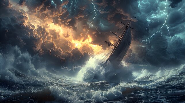 Sailing Boat Battling Through Stormy Seas Under A Tumultuous Sky