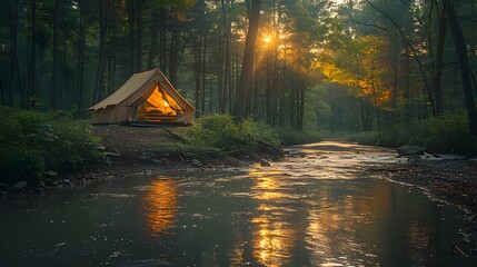 Sunset Illuminating A Tent Pitched Beside A Tranquil Stream In Forest - obrazy, fototapety, plakaty