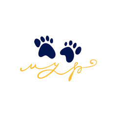Cat paw with lettering meow, isolated on a white background. Vector illustration for logo, print and decorations.