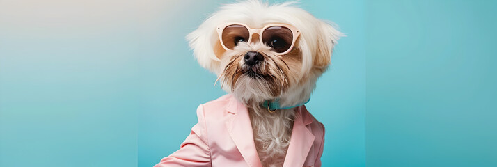 A fashionable poodle pet dog wearing sunglasses, Fashionable appearance be trendy Style and fashion Stylish pet - obrazy, fototapety, plakaty