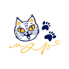 Funny cartoon cats heads, paw and typography, funny print for fabric, wallpaper, wrapping, textile, t-shirt. Isolated on white background. Vector illustration