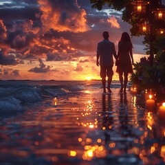 Sunset Romance: Capture a romantic sunset scene with a couple walking on the beach, holding hands and enjoying the warm glow of the setting sun. Generative AI