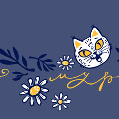 Seamless pattern with cat and flowers. Design for kids collection, fabric, wallpaper, wrapping, textile, t-shirt print.