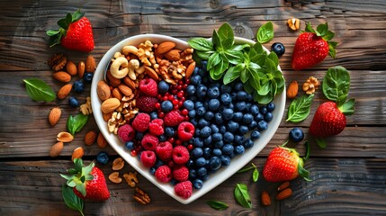 heart-healthy foods like nuts, berries, and leafy greens arranged around a heart-shaped plate on a...