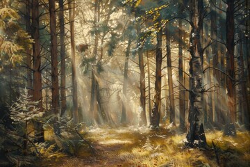 Tranquil forest scene with sunlight filtering through the trees, inviting viewers to relax and let go of stress