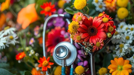 heart health through a close-up image of a heart-shaped stethoscope surrounded by fresh flowers, emphasizing the importance of regular check-ups in high resolution. - Powered by Adobe
