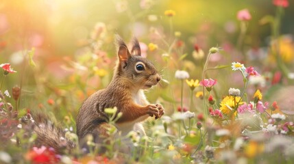 A squirrel sitting in a field of flowers