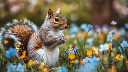 A squirrel standing in a field of flowers