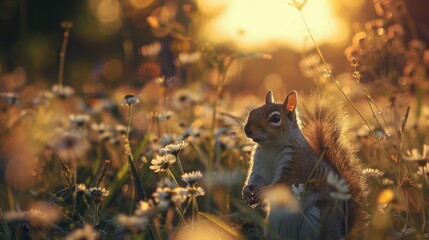 A squirrel standing in a field of flowers