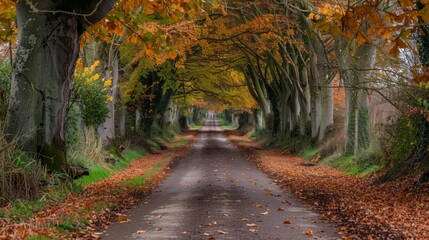 A tree lined country road with lots of leaves on the ground - Powered by Adobe