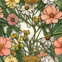 Tropical flowers, plants, leaves and flamingos. Hawaiian flowers for background, Vector illustration of exotic pattern,  wallpaper or poster