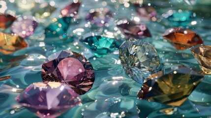 A bunch of different colored diamonds floating on top of water