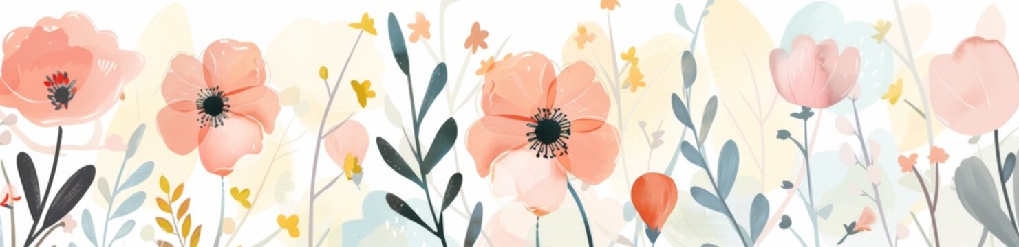 Vector illustration of spring flowers, hand drawn in the style of pastel colors