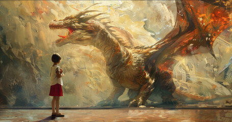 A girl standing in front of a painting of a dragon
