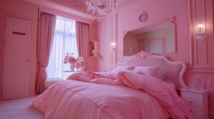 A pink bedroom with a chandelier and a bed