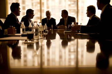 Company Leaders Engage in Reflective Discussion in a Sunlit Meeting Room