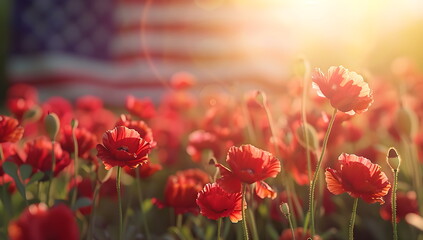 Red poppies on the background of the American flag. Patriotic Independence Day or Memorial Day card. - obrazy, fototapety, plakaty