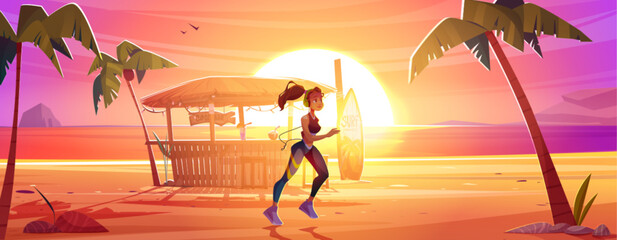 Obraz premium Young woman in sportswear running along sea or ocean beach on sunset or sunrise. Cartoon vector illustration of active female character jogging on seaside promenade for lifestyle lifestyle concept.