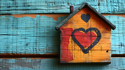 Wooden house with a red heart on a wooden background. Love nest, love relationships. Buying a house with a young family. Affordable housing. banner. Family psychology, strong relations