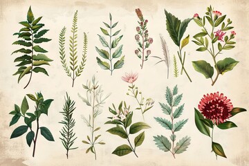 Obraz na płótnie Canvas Vintage-inspired botanical illustrations with transparency, ideal for retro designs