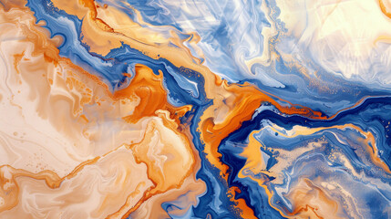 An aerial view abstract background capturing the organic flow of rivers and natural landscapes, rendered in Peach Fuzz, chambray blue, and sunshine yellow