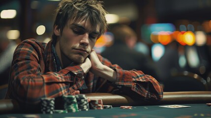 Casino: A photo of a player at a poker table, showing frustration and disappointment after losing a hand