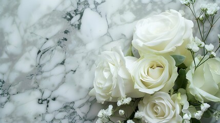 Beautiful white flowers, roses, over marble background. Bouquet of flowers at cemetery , funeral concept.