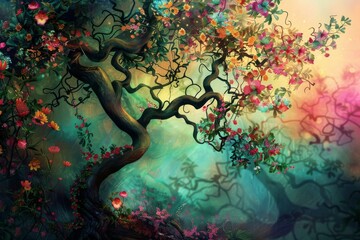 Obraz na płótnie Canvas Whimsical fantasy tree with twisted branches and colorful flowers, adding magic and wonder to any composition