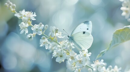 Beautiful white butterfly on white flower buds on a soft blurred blue background spring or summer in nature. Gentle romantic dreamy artistic image, beautiful round bokeh