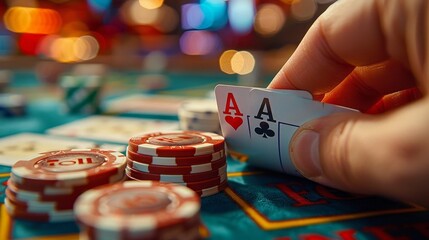 Casino Chip and Cards: A photo of a hand reaching out to pick up a casino chip - obrazy, fototapety, plakaty