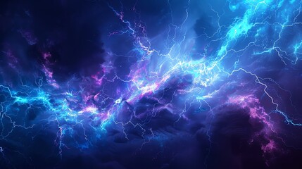 Digital abstract of a thunderstorm, charged with electric blues and purples, dynamic and powerful
