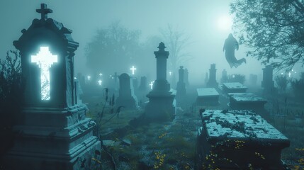 Foggy graveyard with eerie glowing tombstones and a ghostly apparition floating - obrazy, fototapety, plakaty