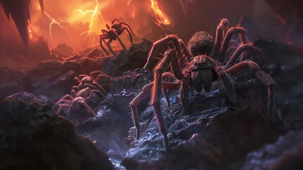 Humanfaced spiders crawling in a dark, surreal hell environment