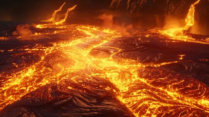 Molten lava flow simulation, fierce and unstoppable - obrazy, fototapety, plakaty