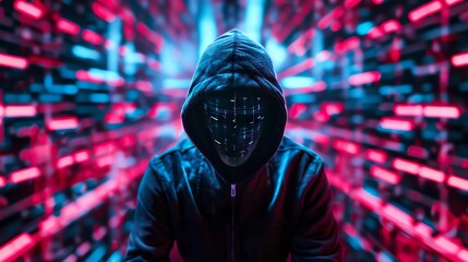 Spectral hacker in a neoninfused virtual battleground, cyber warfare - obrazy, fototapety, plakaty