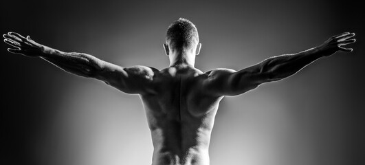 Sexy model body, nude torso. Perfect Shoulders and Back Muscles. Muscular Man showing his Strength,...