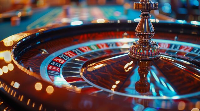 Casino Roulette Wheel: A photo of a roulette wheel with a shallow depth of field