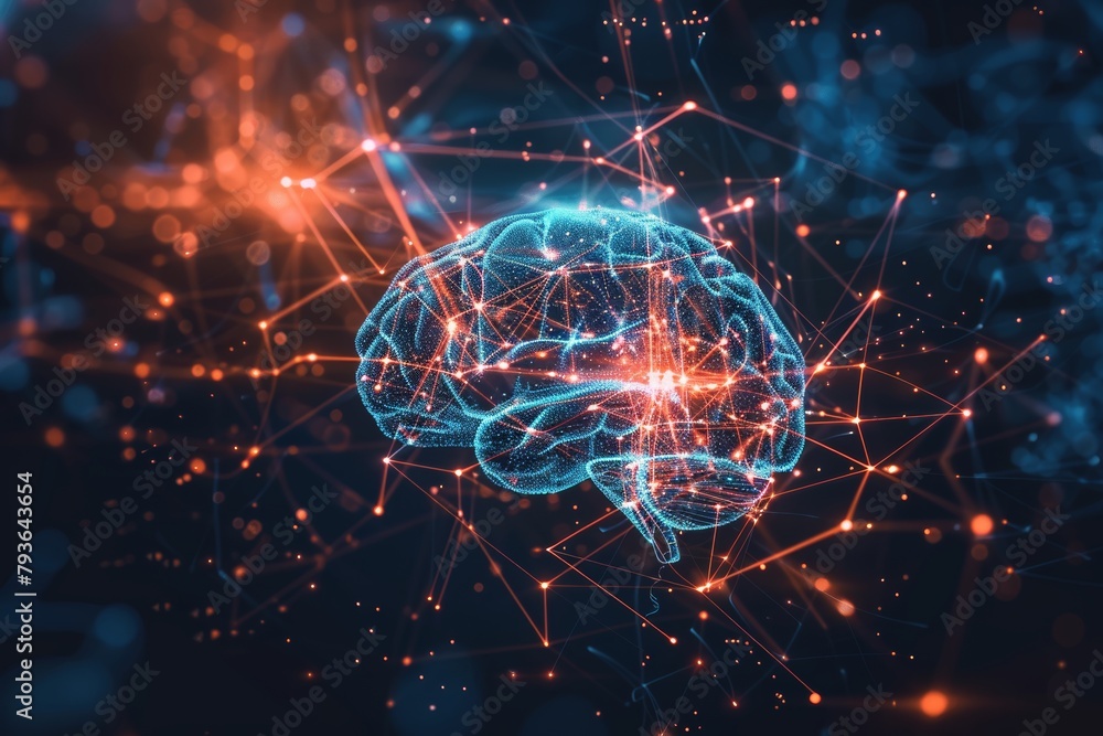 Poster abstract digital brain with ai neural network connections and data flow