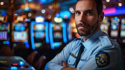 Casino Staff: A photo of a casino security guard monitoring surveillance cameras to ensure the safety and security of the casino