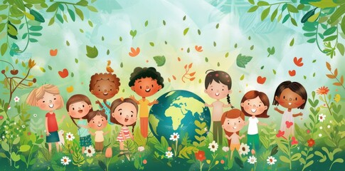 Obraz premium Happy children of different races holding green leaves and flowers, with planet Earth visible behind them