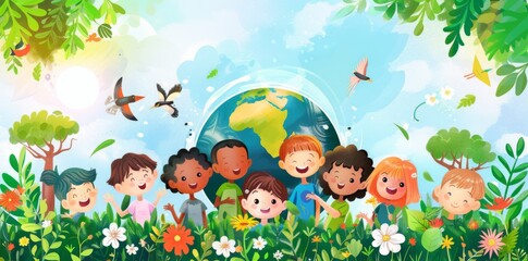 Happy children of different races holding green leaves and flowers, with planet Earth visible behind them