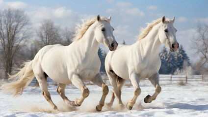 Two white horses in winter run gallop fast