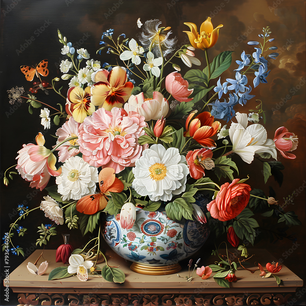 Poster BAROQUE STYLE FLORAL STILL LIFE OIL PAINTINGS Ai generative 